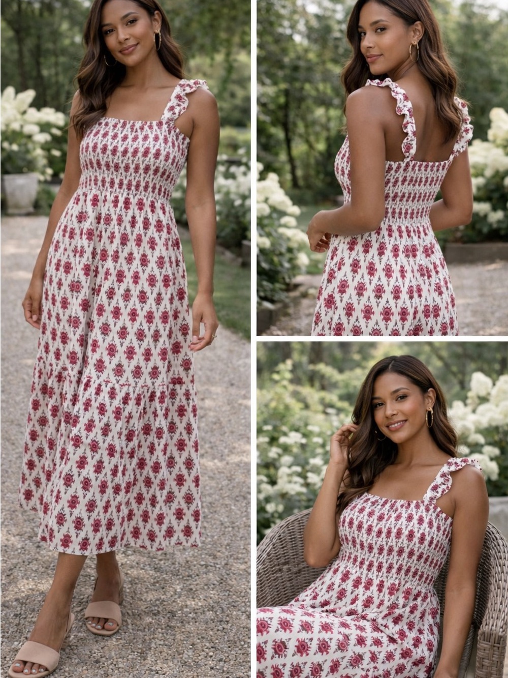 Women’s White and Rose Smocked Maxi Dress